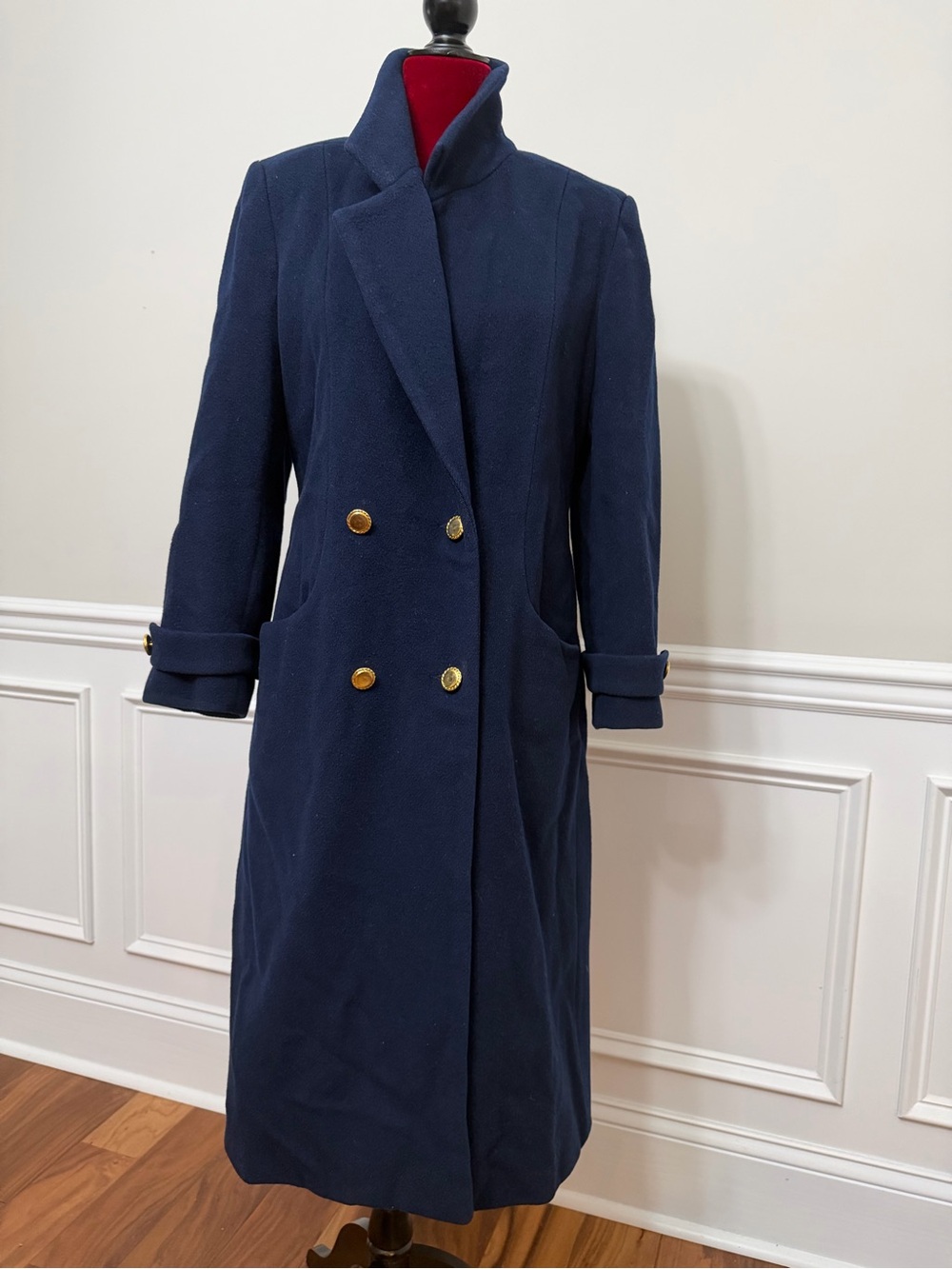 VTG Bert Newman Petite Wool Coat Navy Blue Long Trench Gold Buttons size 8P